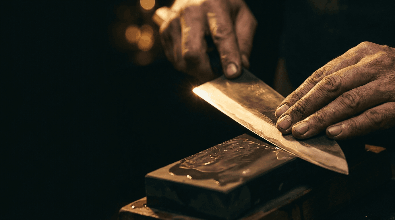 Master craftsman hand-sharpening a chef's knife on a wet whetstone